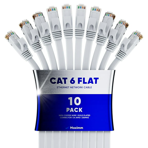Cat6 Ethernet Cable 25ft, 10-Pack White - Flat High-Speed Network Cables for Gaming, Streaming, Router, Modem, PC, PS5, Xbox - Durable & Space-Saving Design