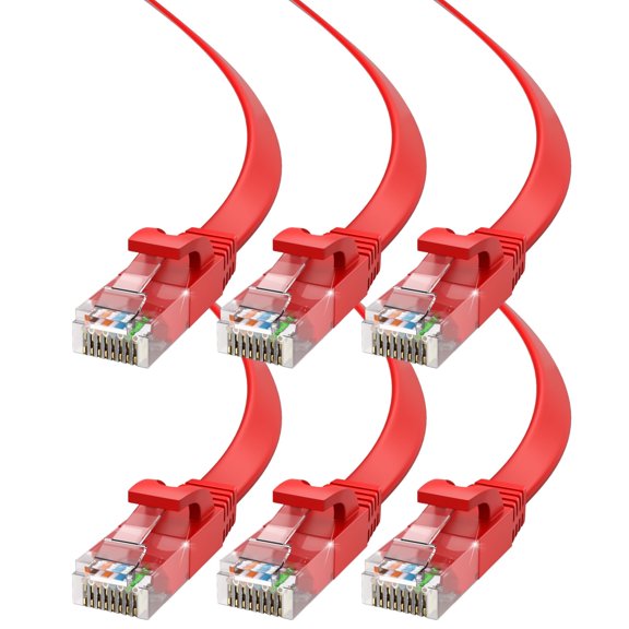 Cat6 Ethernet Cable 25ft, 6-Pack Red - Flat High-Speed Network Cables for Gaming, Streaming, Router, Modem, PC, PS5, Xbox - Durable & Space-Saving Design