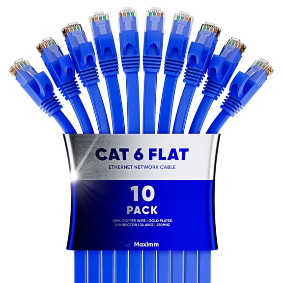 Cat6 Ethernet Cable 30ft, 10-Pack Blue - Flat High-Speed Network Cables for Gaming, Streaming, Router, Modem, PC, PS5, Xbox - Durable & Space-Saving Design