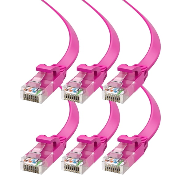 Cat6 Ethernet Cable 30ft, 6-Pack Pink - Flat High-Speed Network Cables for Gaming, Streaming, Router, Modem, PC, PS5, Xbox - Durable & Space-Saving Design