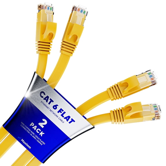 Cat6 Ethernet Cable 50ft, 2-Pack Yellow - Flat High-Speed Network Cables for Gaming, Streaming, Router, Modem, PC, PS5, Xbox - Durable & Space-Saving Design