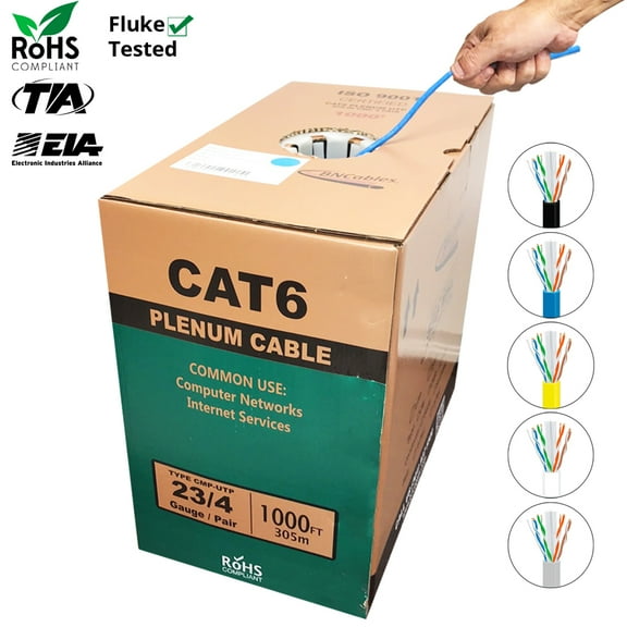Cat6 Plenum Bulk 1000ft 550 Mhz Ethernet 23 Awg CMP Rated Cable Blue