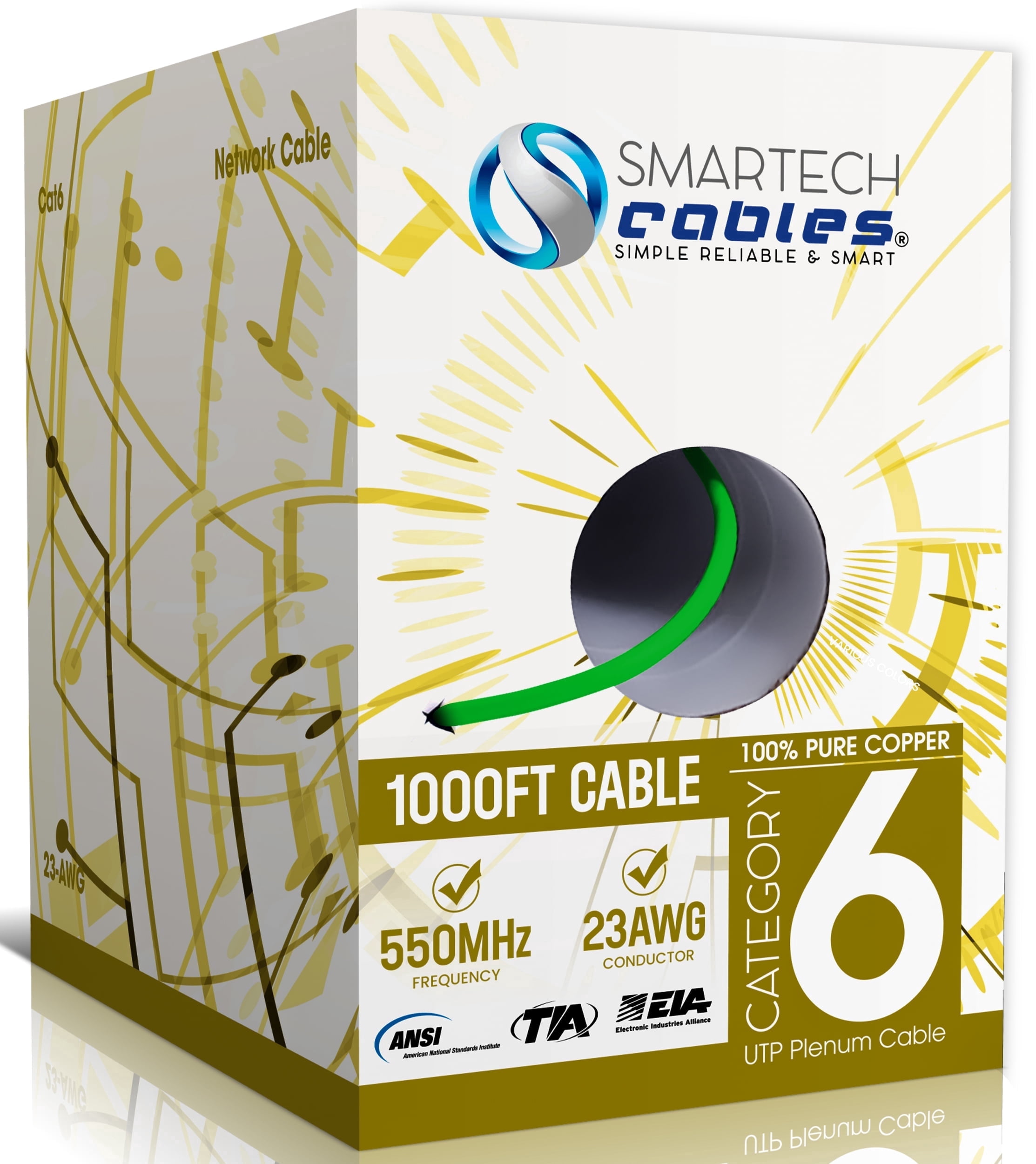 Smartech Cat6 Plenum Cable 1000ft 100% Solid Bare Copper 23AWG UTP 10Gbps, Bulk Ethernet Cable - Green