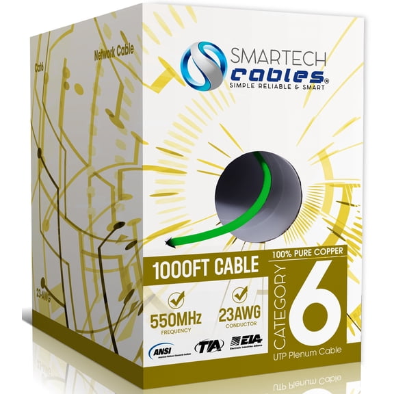Smartech Cat6 Plenum Cable 1000ft 100% Solid Bare Copper 23AWG UTP 10Gbps, Bulk Ethernet Cable - Green