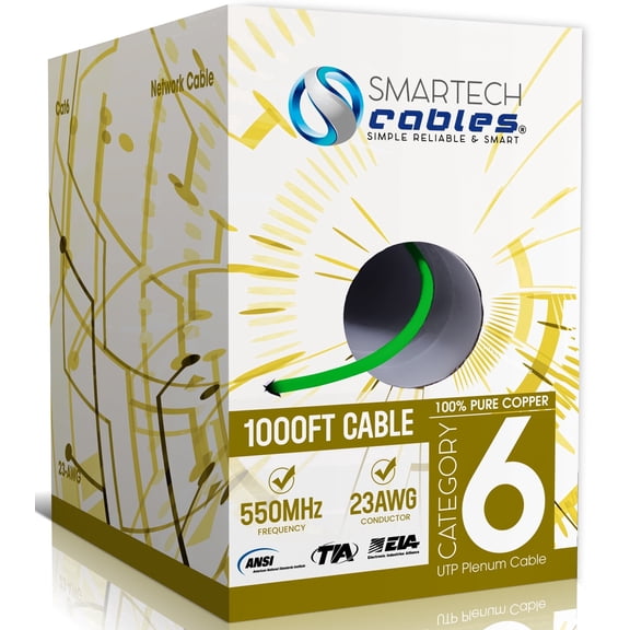 Cat6 Plenum 1000ft Ethernet Cable – 100% Bare Copper, CMP Rated, 23AWG UTP, 550MHz, 10Gbps | High‑Speed Bulk Network Cable | Easy Pull Box - Green