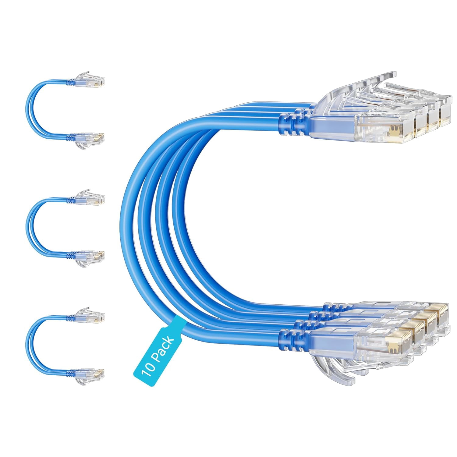 Cat6 Slim Patch Cables 0.5 Feet 10-Pack Blue, Cat6a 10Gbps 550MHz High-Speed, Cat 6 Ethernet Cable Pure Copper UTP, Flexible & Thin for Network Cabling