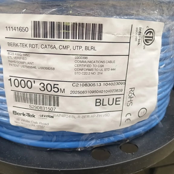 BERK-TEK RDT Cat6A Plenum Ethernet Cable 1000ft 23AWG Solid Copper Blue Berk-Tek-CAT6A-CMP-11141650