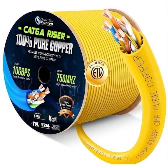Cat6A Riser Cable 1000ft – 100% Solid Bare Copper, 23AWG UTP, 750MHz, Bulk Ethernet Cable, Yellow