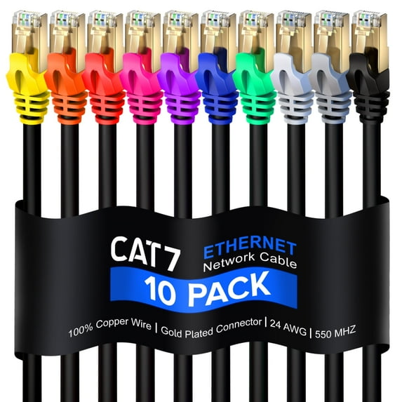 Cat7-1.5FT - 10 Pack - Multi Colored Tips - 10Gbps - 600Mhz High Speed Ethernet Double Shielded STP, Patch and Network Cable
