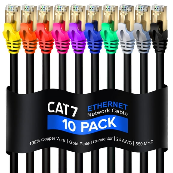 Cat7-1.5FT - 10 Pack - Multi Colored Tips - 10Gbps - 600Mhz High Speed Ethernet Double Shielded STP, Patch and Network Cable