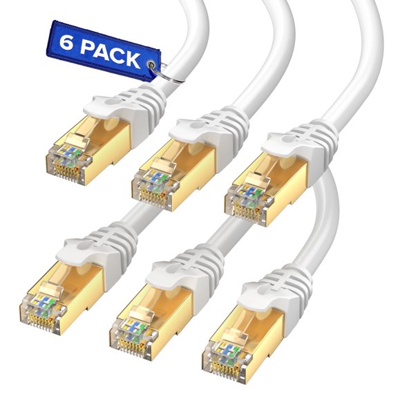 Maximm Cat 7 Ethernet Cable, High-Speed LAN Network Patch Cord, 15 ft, RJ45 Connectors, White, 6 Pack