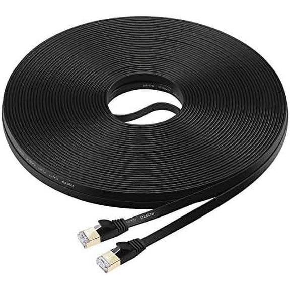 Cat7 Ethernet Cable, 15m Black Flat Design UTP Unshielded Twisted Pair With Solid Bare Copper Wires, Dual-Shielding For Minimal Noise And Interference