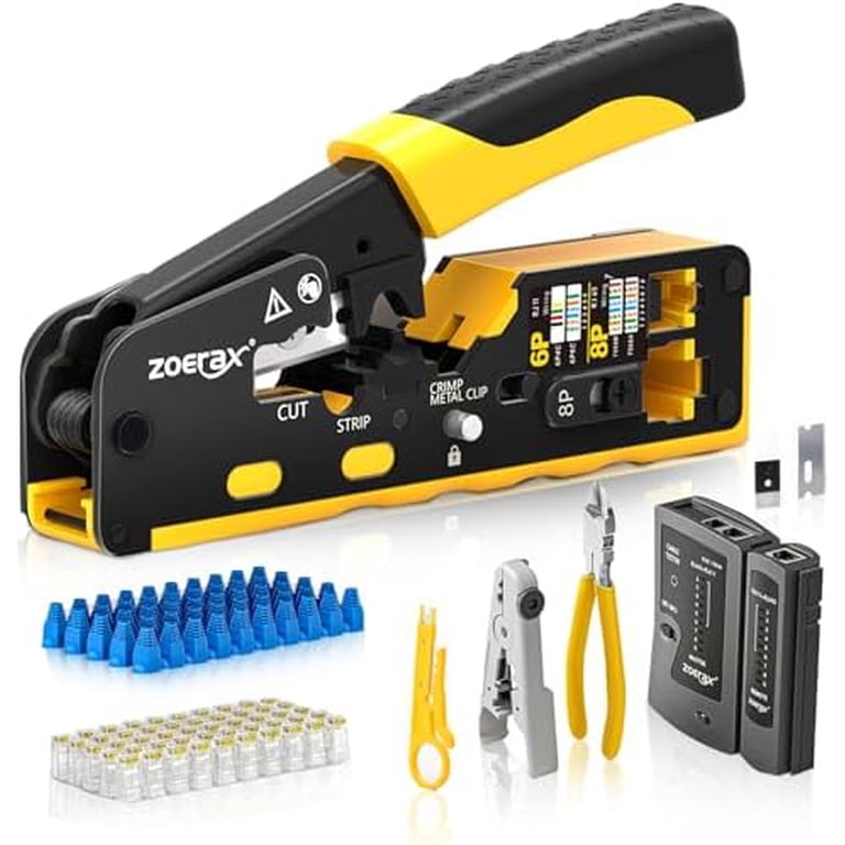 Solsop Pass Through RJ45 Crimp Tool Kit – Ethernet Crimper, 50 CAT6 Connectors, Covers, Tester, Stripper