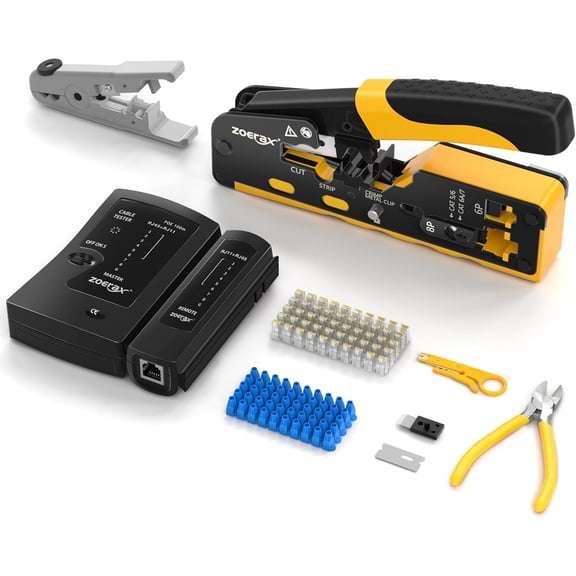 ZoeRax Cat7 RJ45 Crimping Tool Kit, Network Crimping Tool With Cable Tester, Multiply Stripper, Blades, 50Pcs Cat 6 Connectors and Strain Relief Boots
