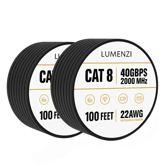 Cat8 Ethernet Cable, 100 ft, 2-Pack, Flat, 40 Gbps, 2000 MHz, S/FTP Shielded [Without RJ45 Connector]