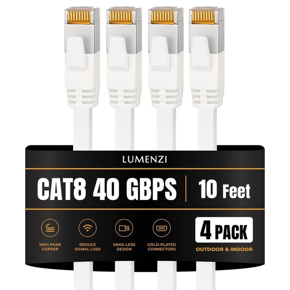 Cat8 Flat Ethernet Cable 10 ft, 4 Pack, 40 Gbps 2000 MHz, S/FTP Shielded RJ45 Network Patch Cable