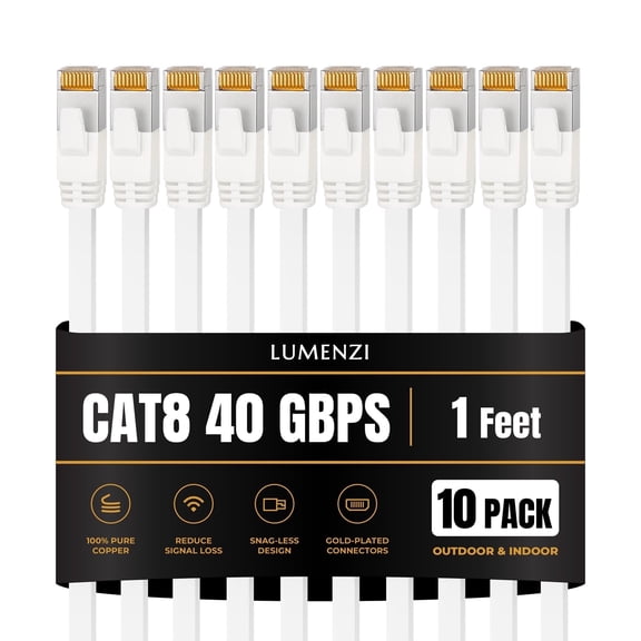 Cat8 Flat Ethernet Cable 1 ft, 10 Pack, 40 Gbps 2000 MHz, S/FTP Shielded RJ45 Network Patch Cable
