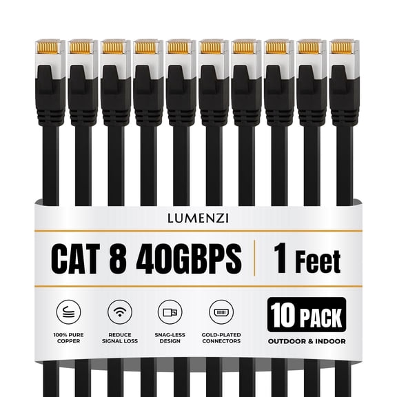 Cat8 Ethernet Cable, 1 ft, 10 Pack, Flat, 40 Gbps, 2000 MHz, S/FTP Shielded, RJ45 Network Patch Cord