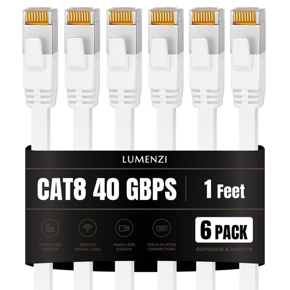 Cat8 Flat Ethernet Cable 1ft, 6 Pc Pack, 40Gbps 2000MHz Network Patch Cord, S/FTP Shielded LAN Cable with RJ45 Connectors, for Gaming, Router, Modem, Laptop