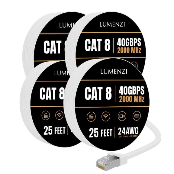 Cat8 Ethernet Cable, 25 ft, 4 Pack, Flat, 40 Gbps, 2000 MHz, S/FTP Shielded, RJ45 Network Patch Cord