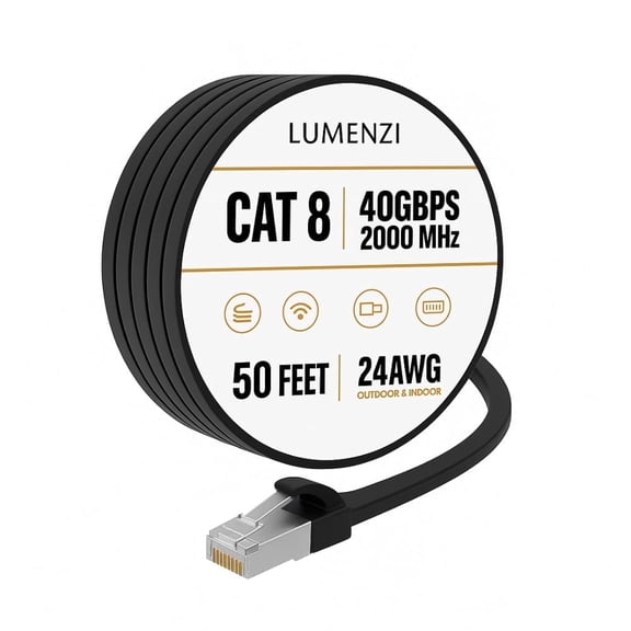 Cat8 Ethernet Cable, 50 ft, 1-Pack, Flat, 40 Gbps, 2000 MHz, S/FTP Shielded, RJ45 Patch Cord