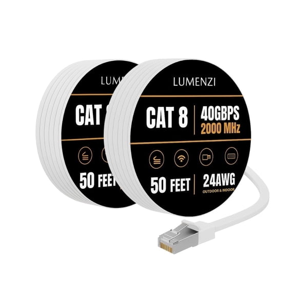 Cat8 Ethernet Cable, 50 ft, 2-Pack, Flat, 40 Gbps, 2000 MHz, S/FTP Shielded, RJ45 Network Patch Cord