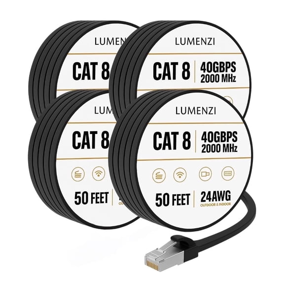 Cat8 Ethernet Cable, 50 ft, 4-Pack, Flat, 40 Gbps, 2000 MHz, S/FTP Shielded, RJ45 Network Patch Cord