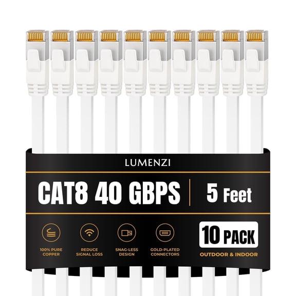 Cat8 Ethernet Cable, 5 ft, 10-Pack, Flat, 40 Gbps, 2000 MHz, S/FTP Shielded, RJ45 Patch Cord