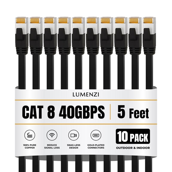 Cat8 Flat Ethernet Cable 5ft, 10 Pc Pack, 40Gbps 2000MHz Network Patch Cord, S/FTP Shielded LAN Cable with RJ45 Connectors, for Gaming, Router, Modem, Laptop