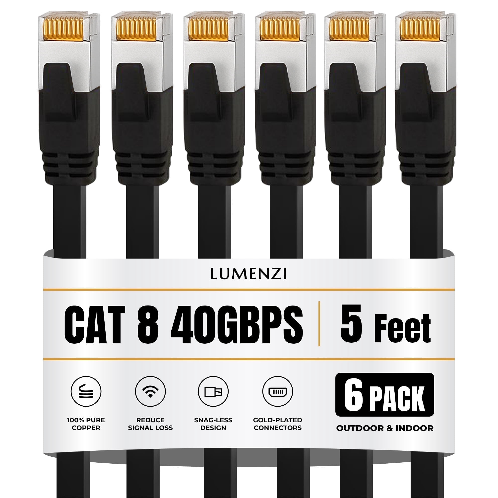 Cat8 Flat Ethernet Cable 5 ft, 6 Pack, 40 Gbps 2000 MHz, S/FTP Shielded RJ45 Network Patch Cable
