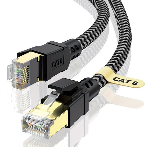 Cat8 Flat Nylon Braided Ethernet Cable, 40Gbps 2000MHz Shielded Heavy-Duty LAN Wire with Gold-Plated RJ45 Plugs, Lengths 3FT–100FT