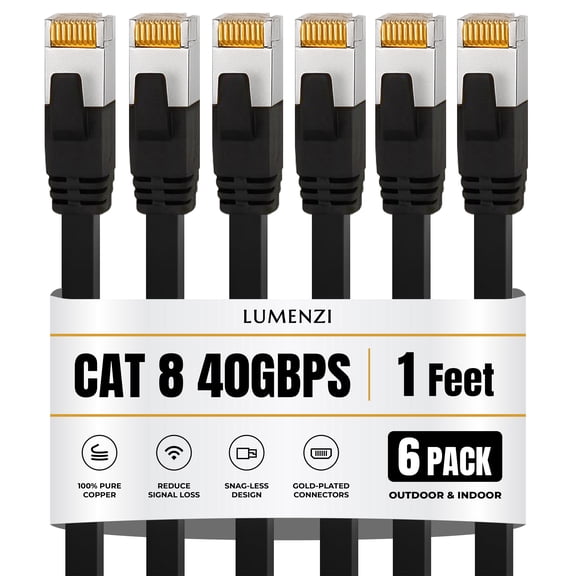 Cat8 Flat Black Ethernet Cable 1ft,5ft,10ft,25ft,40ft,50ft,100ft,500ft,1000ft, 1 Pc Pack, 40Gbps 2000MHz Network Patch Cord, S/FTP Shielded LAN Cable