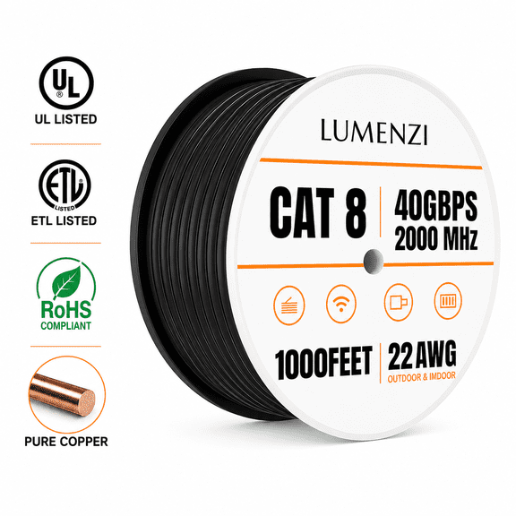 Cat 8 Round 1000ft , 22 AWG, Solid, SFTP, Ethernet Cable, Black Spool, 40 Gbps 2000 MHz