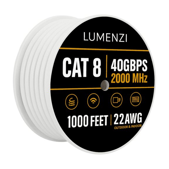 Cat8 Round 22 AWG Ethernet Cable 1000ft, 1 Pc Pack, 40Gbps 2000MHz Network Patch Cord, S/FTP Shielded LAN Cable, for Gaming, Router, Modem, Laptop