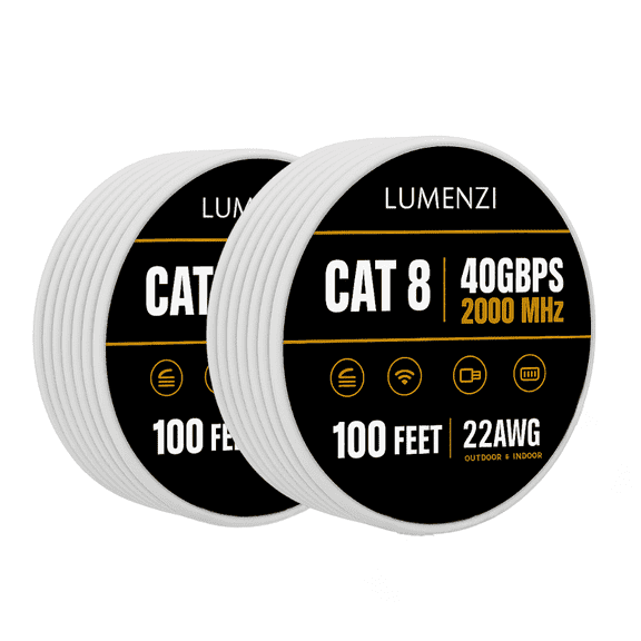 Cat8 Round 24 AWG Ethernet Cable 100 ft, 2 Pack, 40 Gbps 2000 MHz, S/FTP Shielded Network Patch Cable (Without RJ45 Connectors)