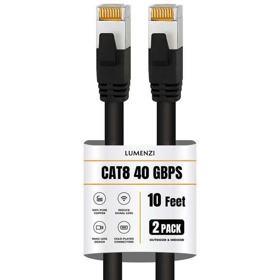 Cat8 Round 24 AWG Ethernet Cable 10ft, 2 Pc Pack, 40Gbps 2000MHz Network Patch Cord, S/FTP Shielded LAN Cable with RJ45 Connectors, for Gaming, Router, Modem, Laptop