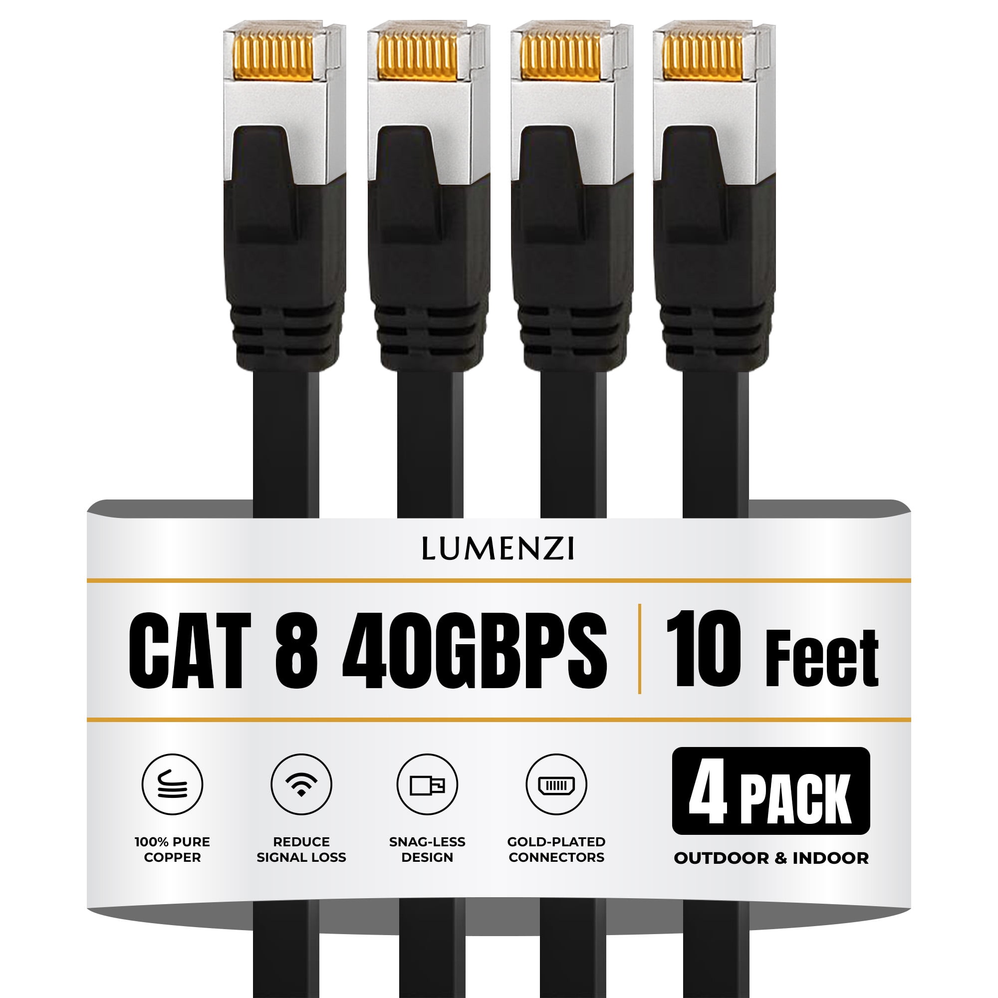 Cat8 Flat Ethernet Cable 10ft, 4 Pc Pack, 40Gbps 2000MHz Network Patch Cord, S/FTP Shielded LAN Cable with RJ45 Connectors, for Gaming, Router, Modem, Laptop