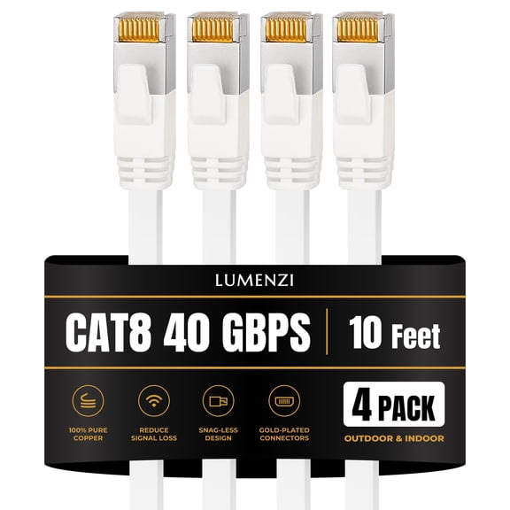 Cat8 Round Ethernet Cable 10ft, 4 Pc Pack, 40Gbps 2000MHz Network Patch Cord, S/FTP Shielded LAN Cable with RJ45 Connectors, for Gaming, Router, Modem, Laptop