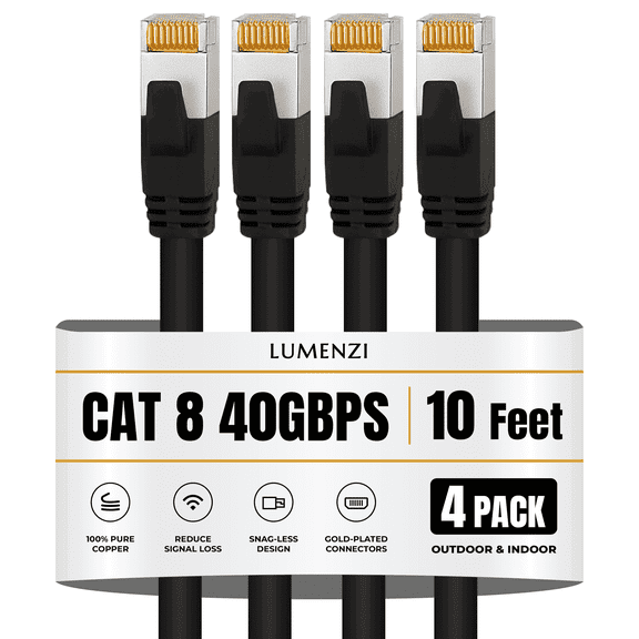 Cat8 Ethernet Cable, 10 ft, 4-Pack, Round, 40 Gbps, 2000 MHz, S/FTP Shielded, RJ45 Patch Cord