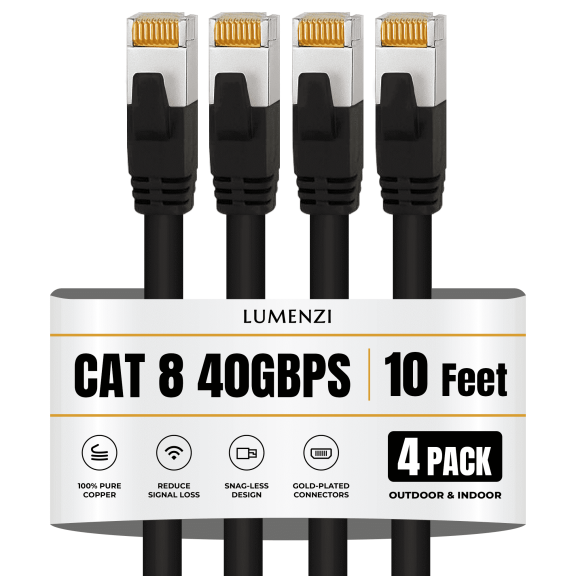 Cat8 24 AWG, Ethernet Cable, 10 ft, 4-Pack, Round, 40 Gbps, 2000 MHz, S/FTP Shielded, RJ45 Patch Cord