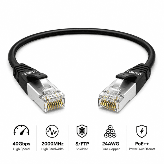 Cat8 Round 24 AWG Ethernet Cable 1ft, 1 Pc Pack, 40Gbps 2000MHz Network Patch Cord, S/FTP Shielded LAN Cable with RJ45 Connectors, for Gaming, Router, Modem, Laptop