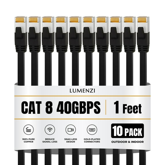 Cat8 Flat Ethernet Cable 1ft, 10 Pc Pack, 40Gbps 2000MHz Network Patch Cord, S/FTP Shielded LAN Cable with RJ45 Connectors, for Gaming, Router, Modem, Laptop