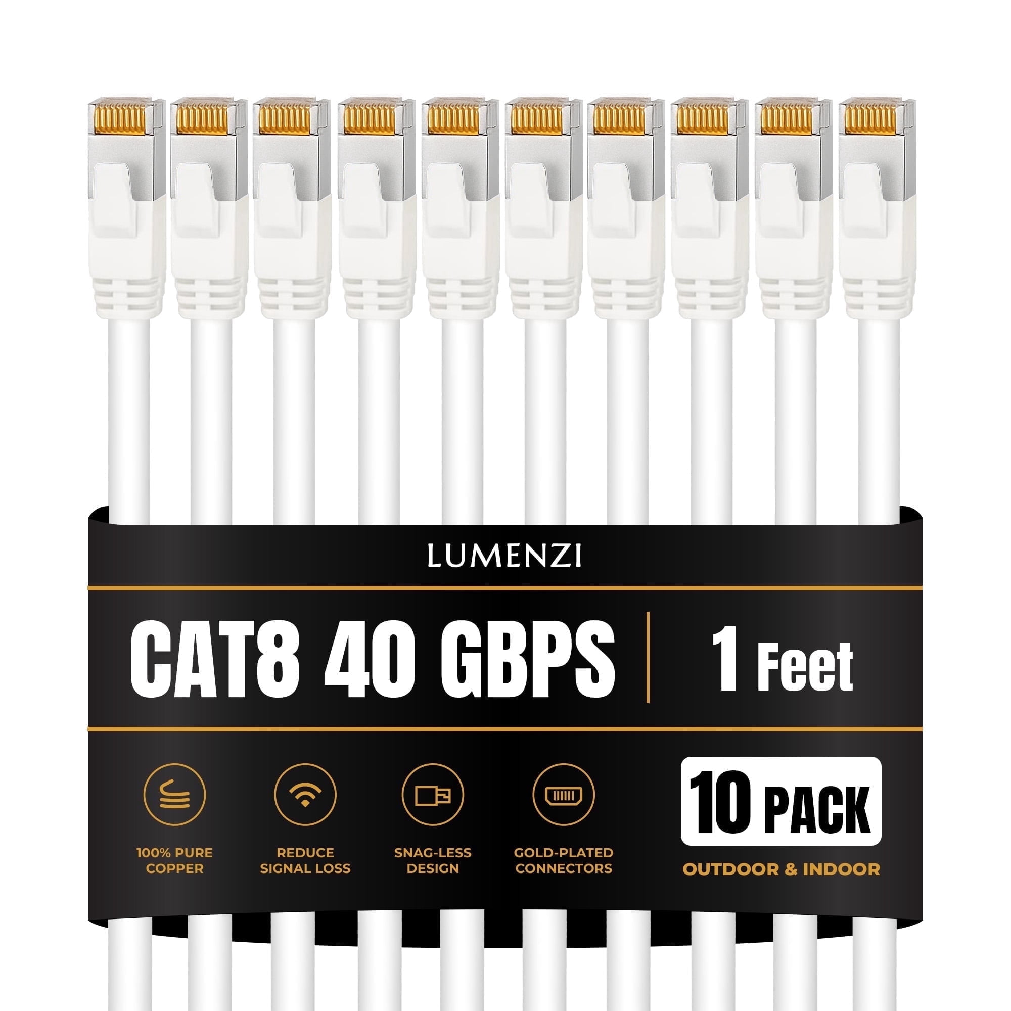 Cat8 Round Ethernet Cable 1 ft, 10 pack, 40 Gbps 2000 MHz, S/FTP Shielded RJ45 Network Patch Cable
