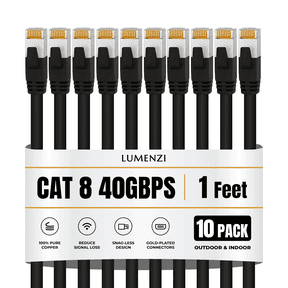 Cat8 Round 24 AWG Ethernet Cable 1ft, 10 Pc Pack, 40Gbps 2000MHz Network Patch Cord, S/FTP Shielded LAN Cable with RJ45 Connectors, for Gaming, Router, Modem, Laptop