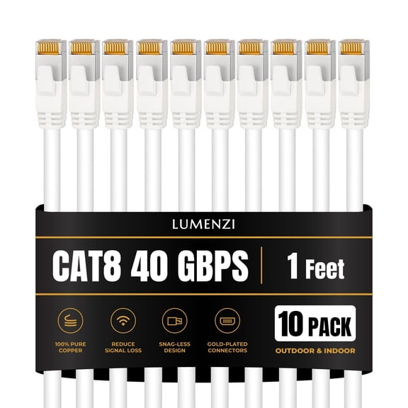 Cat8 Round 24 AWG Ethernet Cable 1ft, 10 Pc Pack, 40Gbps 2000MHz Network Patch Cord, S/FTP Shielded LAN Cable with RJ45 Connectors, for Gaming, Router, Modem, Laptop