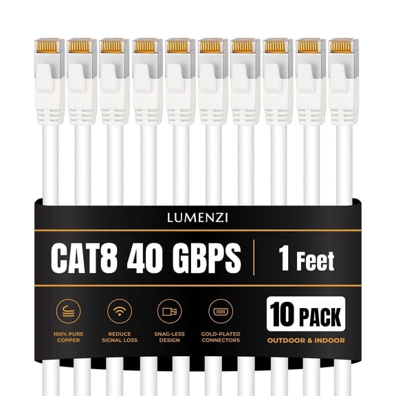 Cat8 Round Ethernet Cable 1 ft, 10 pack, 40 Gbps 2000 MHz, S/FTP Shielded RJ45 Network Patch Cable