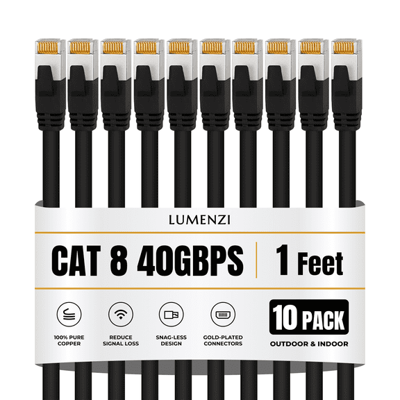 Cat8 Round 24 AWG Ethernet Cable 1ft, 10 Pc Pack, 40Gbps 2000MHz Network Patch Cord, S/FTP Shielded LAN Cable with RJ45 Connectors, for Gaming, Router, Modem, Laptop