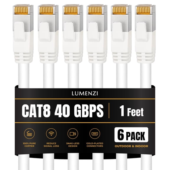 Cat8 Round 24 AWG Ethernet Cable 1ft, 6 Pc Pack, 40Gbps 2000MHz Network Patch Cord, S/FTP Shielded LAN Cable with RJ45 Connectors, for Gaming, Router, Modem, Laptop