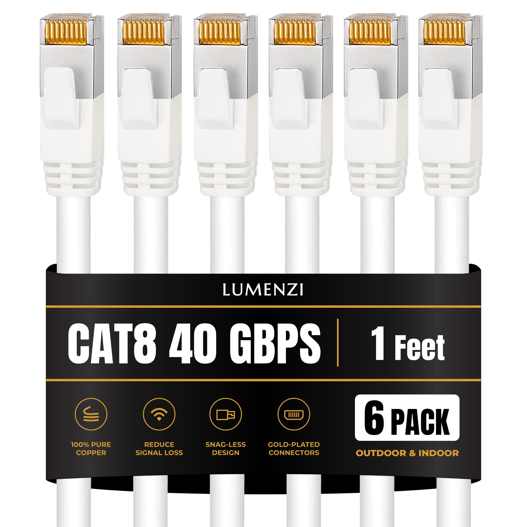 Cat8 Round Ethernet Cable 1ft, 6 Pc Pack, 40Gbps 2000MHz Network Patch Cord, S/FTP Shielded LAN Cable with RJ45 Connectors, for Gaming, Router, Modem, Laptop