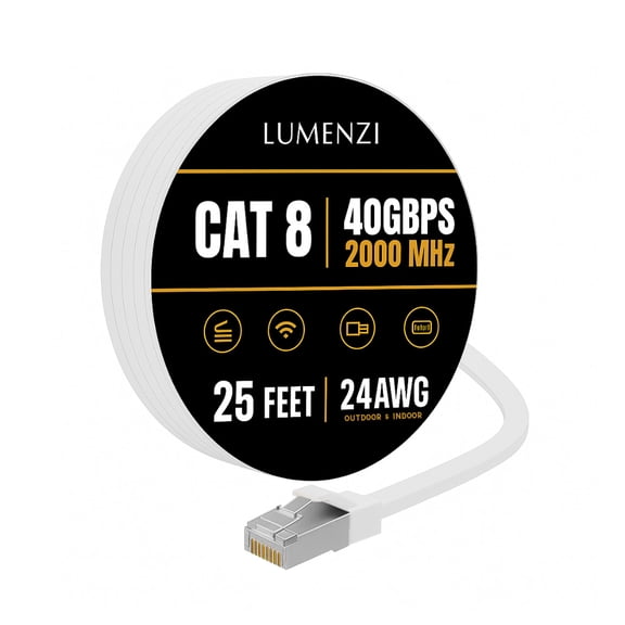 Cat8 Round Ethernet Cable 25ft, 1 Pc Pack, 40Gbps 2000MHz Network Patch Cord, S/FTP Shielded LAN Cable with RJ45 Connectors, for Gaming, Router, Modem, Laptop